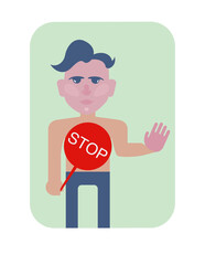 Vector icon serious man with round stop sign and hand gesture no