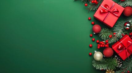 Merry Christmas banner with red gift boxes, tree branches and golden decoration on green background. Happy new year. Copy space.