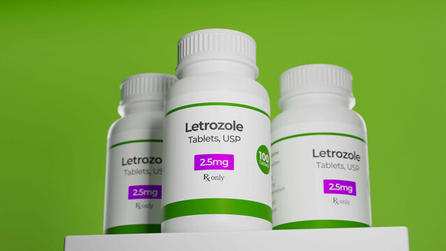 Letrozole 2.5mg in bottles on pedestal. Medicine for breast cancer treatment. 3d rendering