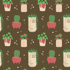 Seamless pattern with houseplants in creative ceramic pots.