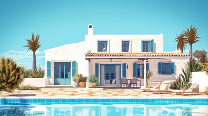 raditional mediterranean house with white stucco wall with swimming pool. Summer vacation background. Created with generative