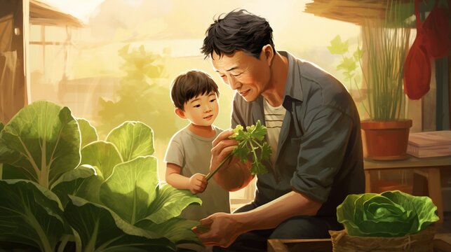 Chinese father with his mixed race son in their garden tending to their vegetable patch together. The little boy is putting homegrown vegetables into a basket.
