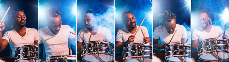 Collage. Young african-american jazz musician or drummer playing drums on blue studio background in...