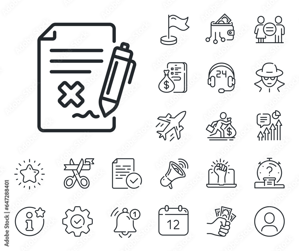 Poster decline document sign. salaryman, gender equality and alert bell outline icons. reject file line ico