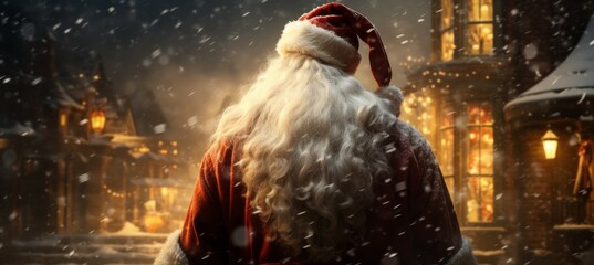 Back view Santa Claus at winter scene. Christmas and new year event concept. Generative AI technology.	
