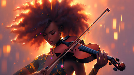 Fototapeta premium cute poc black woman playing violin in golden light, in stylized 70s illustration