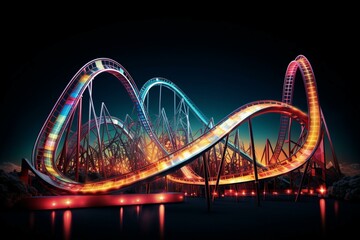 vibrant roller coaster against dark backdrop. Generative AI