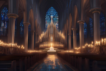 A grand cathedral with a choir singing hymns by candlelight - obrazy, fototapety, plakaty