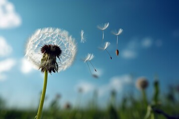 Lone dandelion against blue sky with floating seeds. Generative AI