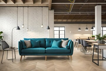 modern living room with blue greenish sofa