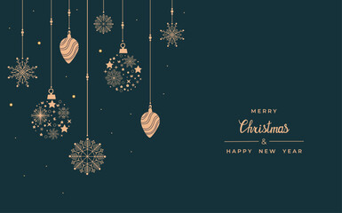 Merry Christmas and Happy New Year. Xmas background with Snowflakes, star and balls design. - 647289238