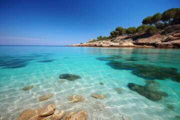 Fototapeta na wymiar Beautiful beach with clear blue water, Ibiza, Spain. Generative AI