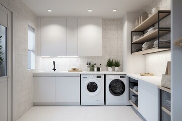 Bright laundry space with 3D effect, featuring white shelves. Generative AI