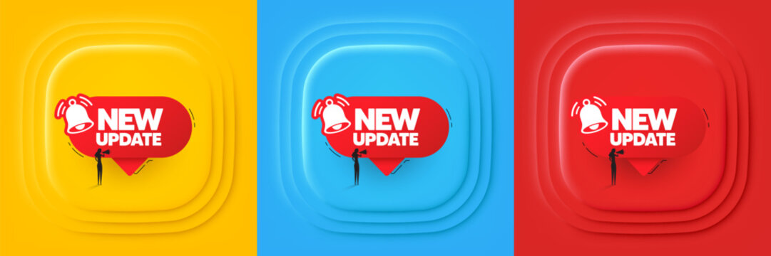 New update banner. Neumorphic offer banner, flyer or poster. Red speech bubble with bell. Woman silhouette with megaphone icon. New update promo event banner. 3d square buttons. Vector
