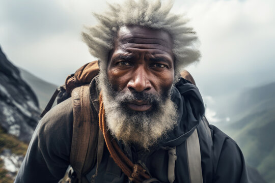 Afro American Black Elderly White Hair Man Mountaineer Climber