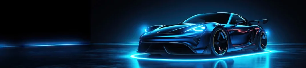 Poster Futuristic Blue Neon Car Scene - Auto Design in Luminescent Shades - Background with Empty Copy Space for Text  - Fictional Conceptional Car Wallpaper Blue Neon created with Generative AI Technology © Vehicles Generative