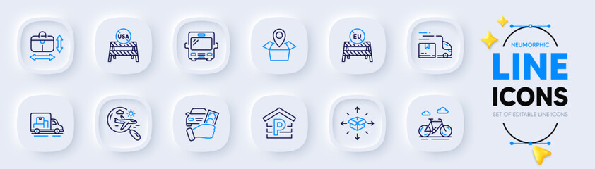 Rent car, Delivery truck and Truck transport line icons for web app. Pack of Search flight, Parcel delivery, Eu close borders pictogram icons. Bus, Usa close borders, Parking signs. Vector