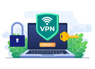 Virtual private network flat illustration, Secure web traffic, Encrypted data transfer, VPN access, Digital personal data protection, Remote server, Secure router access, Safety on internet