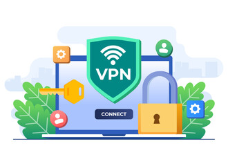 Virtual private network flat illustration, Secure web traffic, Encrypted data transfer, VPN access, Digital personal data protection, Remote server, Secure router access, Safety on internet