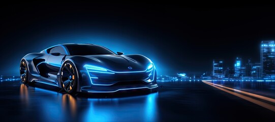 Obraz na płótnie Canvas Futuristic Blue Neon Car Scene - Auto Design in Luminescent Shades - Background with Empty Copy Space for Text - Fictional Conceptional Car Wallpaper Blue Neon created with Generative AI Technology