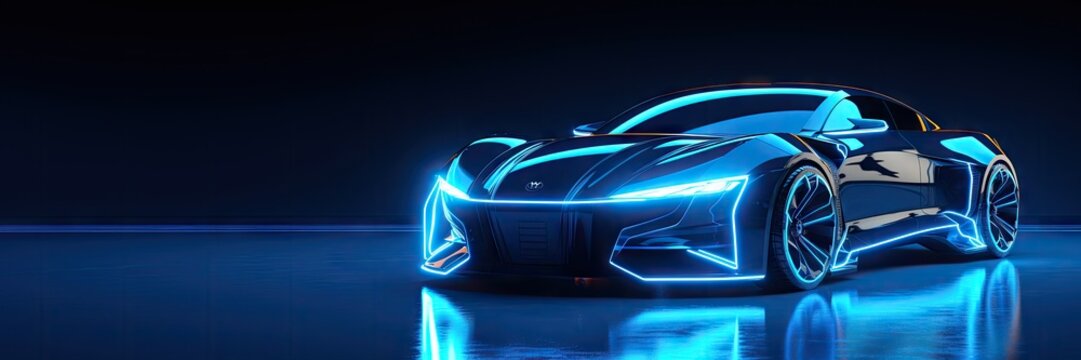 Futuristic Blue Neon Car Scene - Auto Design in Luminescent Shades - Background with Empty Copy Space for Text  - Fictional Conceptional Car Wallpaper Blue Neon created with Generative AI Technology