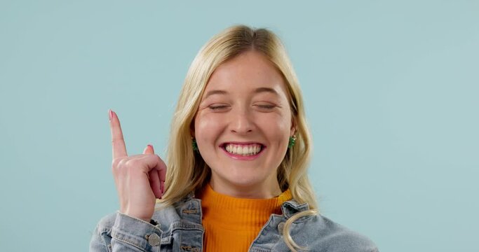 Thinking, idea and woman with wow face in studio with . solution, decision or strategy on blue background. Why, portrait and model with questions, choice or aha emoji for problem solving conclusion