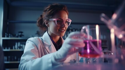 Beautiful smiling female scientist chemist conducts experiment with test tubes and pink liquid. Research scientist pours the liquid into a beaker and looks at the chemical and biological reaction.