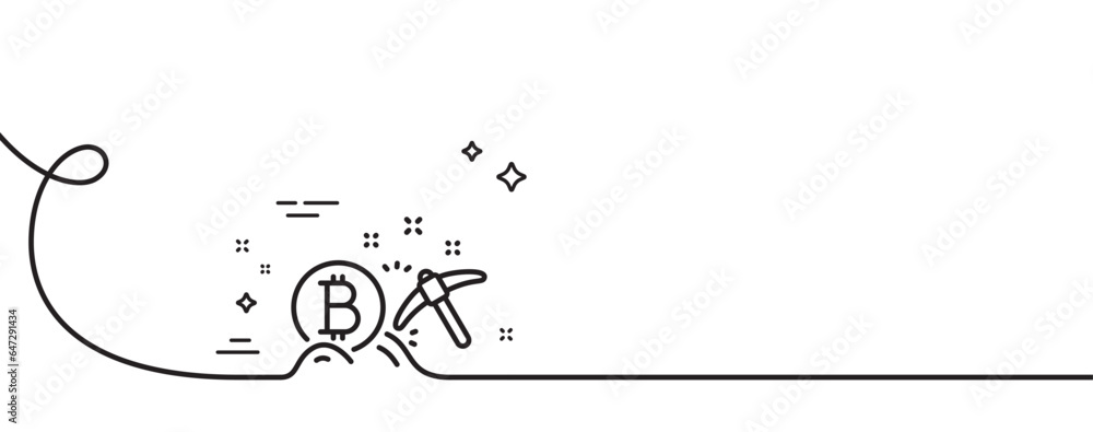 Poster bitcoin mining line icon. continuous one line with curl. cryptocurrency coin sign. crypto money pick