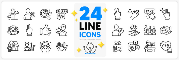 Icons set of Cyber attack, Dont touch and Fake information line icons pack for app with Security, Pets care, Delivery man thin outline icon. Hold heart, Vision test, Communication pictogram. Vector
