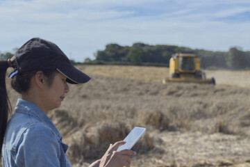 Farmer person working on a tablet. Woman farmer holding tablet with the yellow combine harvester in the field wheat background. Young farmer using technology concept.