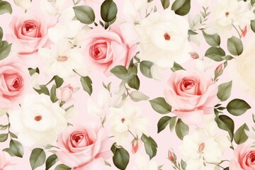 Colorful White And Pink Rose Flower Watercolor Pattern Background. Wallpaper. Valentine's Day Banner. Abstract. Winter. Christmas. Bg. Generative AI