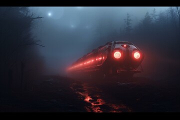 A somber vehicle emerges in the distance, its lights cutting through the mist. Generative AI