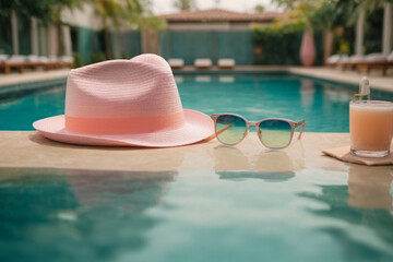 
hat, glasses and drink on the edge of a pool in a hotel, concept of relaxing on summer vacation, atmosphere in pastel colors, space for text - obrazy, fototapety, plakaty