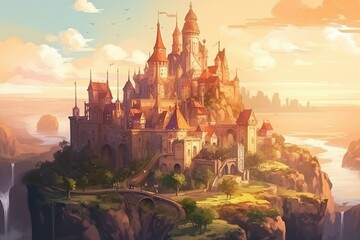 A majestic fantasy castle city in a fairy land with a royal background, perfect for children's books, stories, illustrations, and fairy tales. Generative AI