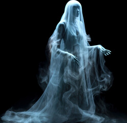 A haunting image of a translucent female ghost in a flowing dress. - obrazy, fototapety, plakaty
