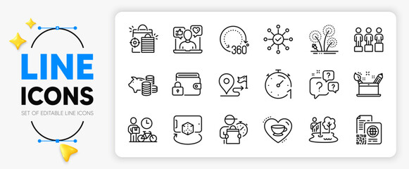 Survey check, Question bubbles and Piggy bank line icons set for app include Creativity concept, 360 degrees, Social media outline thin icon. Delivery man, Bike courier, Lock pictogram icon. Vector