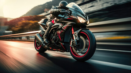 Red and black motorcycle on a countryside road with rider in helmet and leather jacket - obrazy, fototapety, plakaty