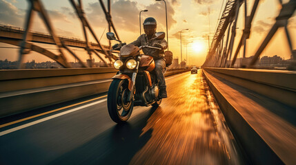 Sunset Ride A Motorcyclist in Motion on a City Bridge