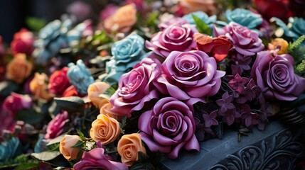 closeup of artificial flowers on tomb in cemetery