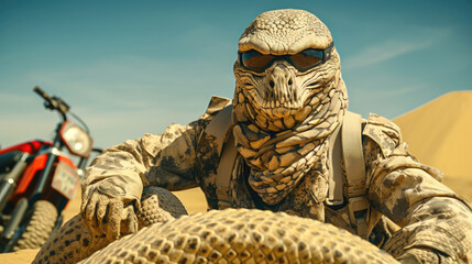 Image Manipulation of a Helmeted and Camouflaged Giant Snake in soldier dress Slithers in the Desert with moterbike - obrazy, fototapety, plakaty