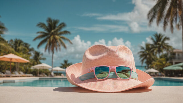 
hat, glasses on the edge of a pool in a hotel, concept of relaxing on summer vacation, atmosphere in pastel colors, space for text