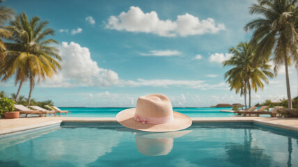 Fototapeta na wymiar hat on the edge of a pool in a hotel with the turquoise sea in the background, concept of relaxation on summer vacations, atmosphere in pastel colors, space for text