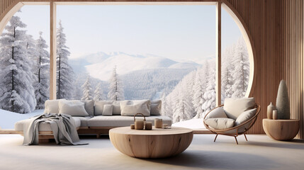 Scandinavian minimalist home interior design of a modern and luxury living room. Round wooden table and a beige sofa in front of a ceiling panoramic window with winter mountain
