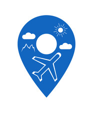 Vector location icon with silhouettes of airplane, clouds, mountains inside. Airport pin pointer