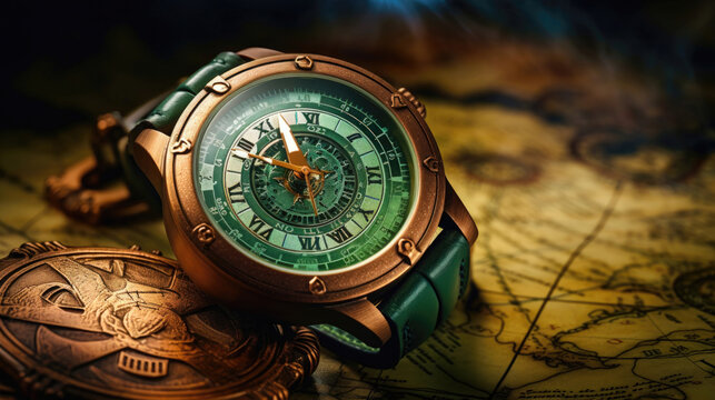 closeup of a luxury and elegant Green and leather timepiece watch on Old map