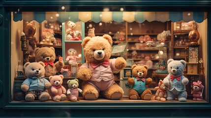 A vintage toy shop window displaying old teddy bears, tin toys, and wooden blocks.