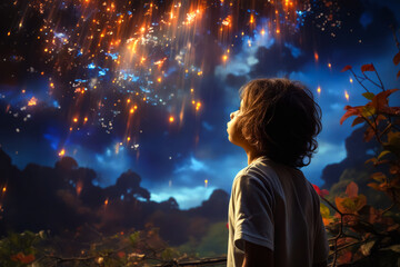 Young boy looking at fireworks display in the sky.