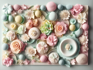 A rectangle platter of floral marzipan food art in soft pastel colors.