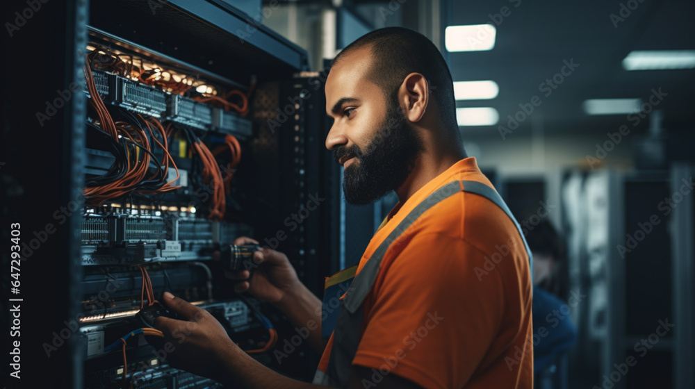 Poster portrait of male engineer with laptop while running servers in data center. business technology. clo