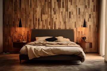 Perfect nature inspired bedroom with wood and stone details, LED lights, bed covers and premium rugs. Designer bedroom